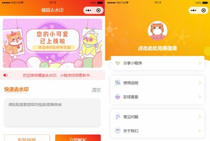 橘猫视频去水印微信小程序源码/自定义接口/PHP后端对接